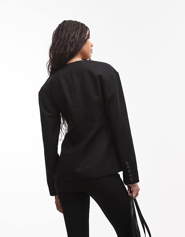 Asos Topshop Collarless Linen Ovoid Sleeve Blazer In Black
