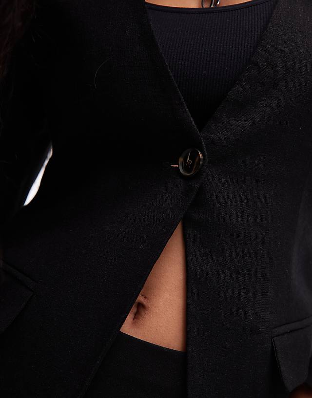 Asos Topshop Collarless Linen Ovoid Sleeve Blazer In Black