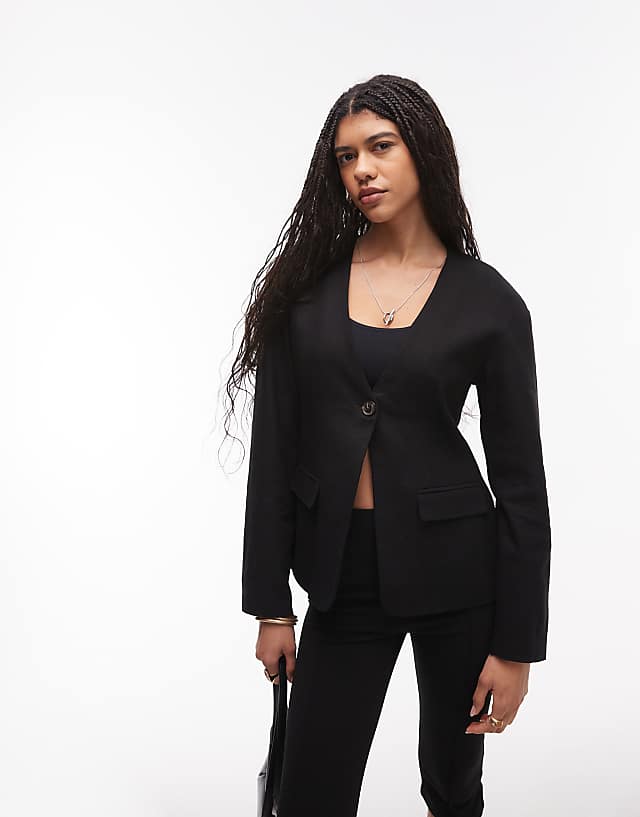 Asos Topshop Collarless Linen Ovoid Sleeve Blazer In Black