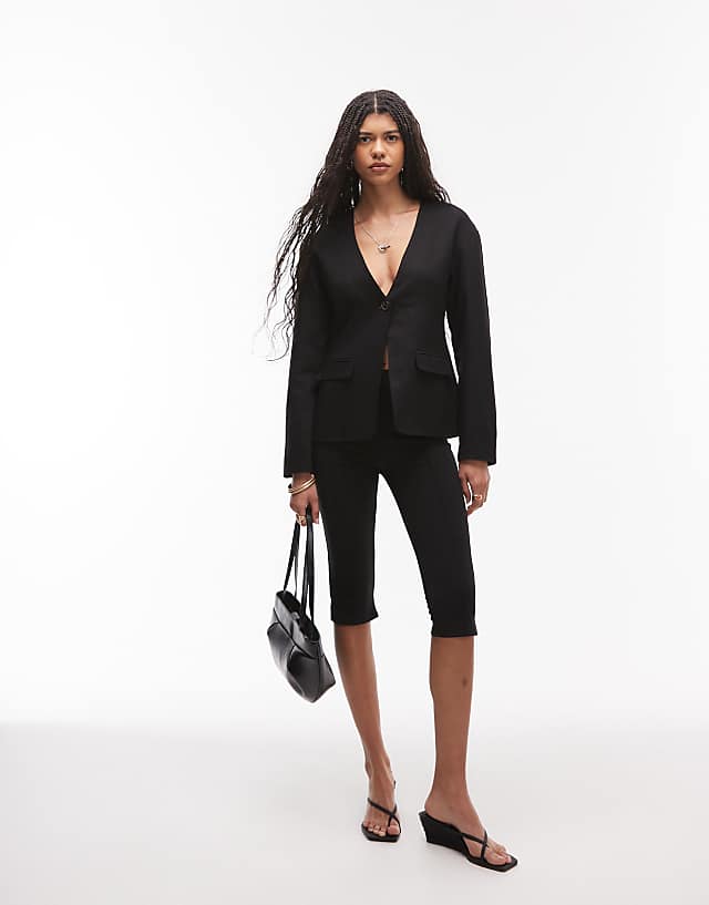 asos Topshop collarless linen ovoid sleeve blazer in black