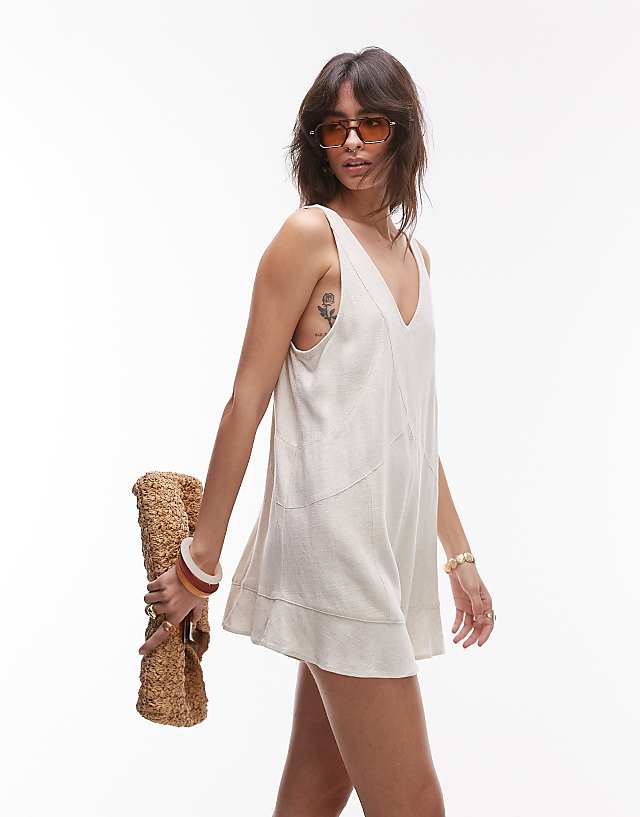 Asos Topshop Deep V Chuck On Linen Playsuit In Natural
