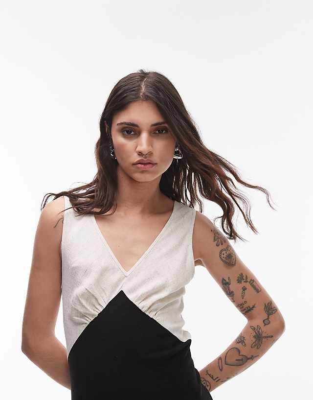 Asos Topshop Deep V Contrast Linen Midi Dress In Black