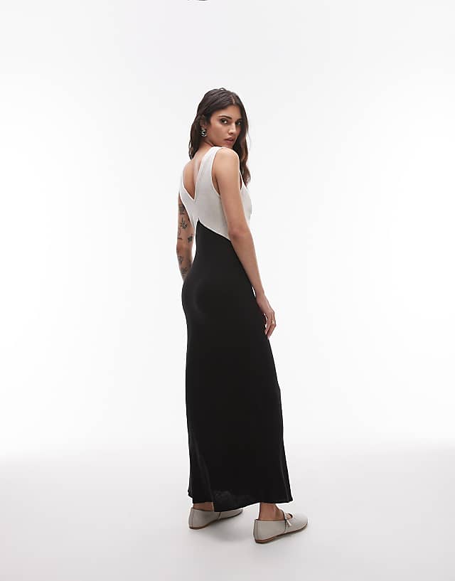 Asos Topshop Deep V Contrast Linen Midi Dress In Black