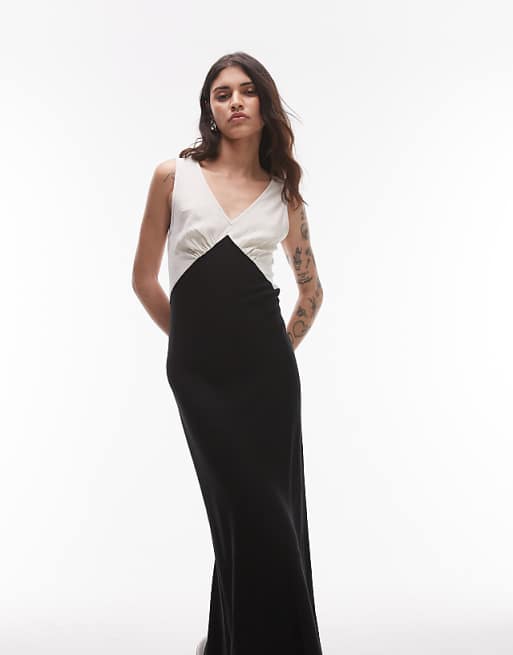 Asos Topshop Deep V Contrast Linen Midi Dress In Black