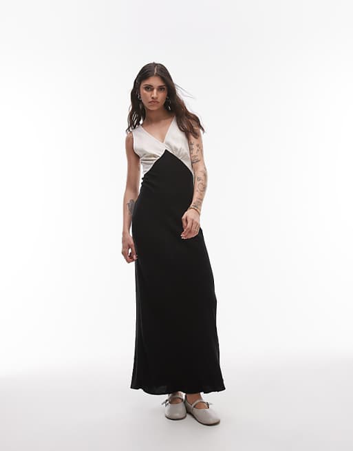 asos Topshop deep v contrast linen midi dress in black