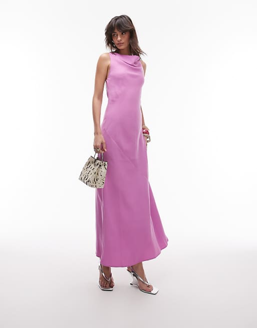 Asos Topshop Drape Neck Open Back Midi Dress In Pink