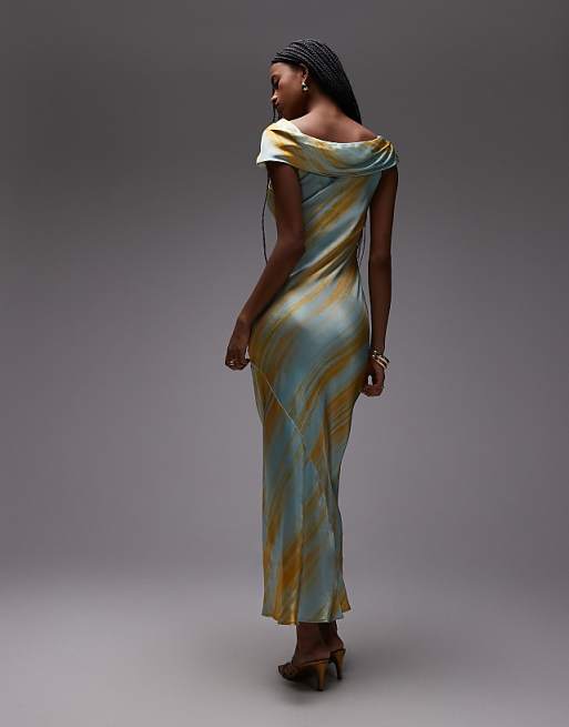 Asos Topshop Drape Shoulder Maxi Occasion Dress In Blurred Rust Print