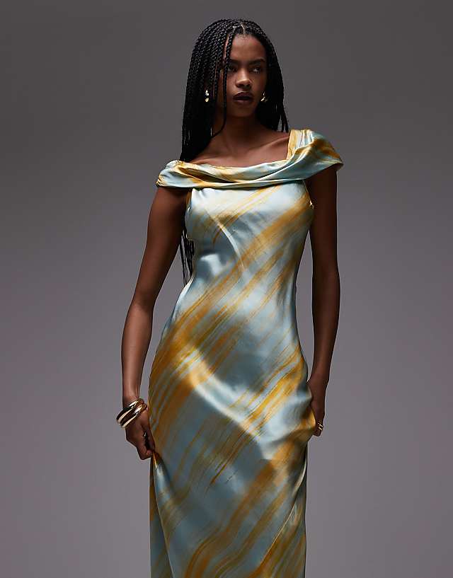 Asos Topshop Drape Shoulder Maxi Occasion Dress In Blurred Rust Print