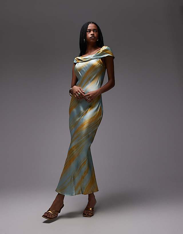 Asos Topshop Drape Shoulder Maxi Occasion Dress In Blurred Rust Print