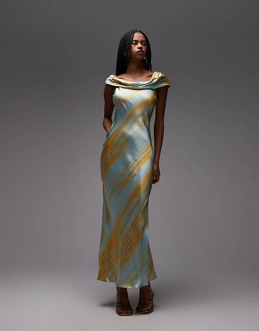 asos Topshop drape shoulder maxi occasion dress in blurred rust print