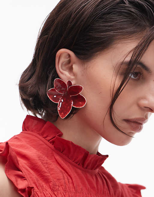 asos Topshop Ellie statement orchid earrings in red