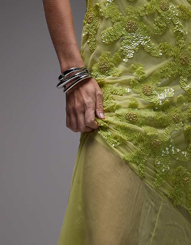 Asos Topshop Embellished Godet Hem Cami Dress In Lime Green