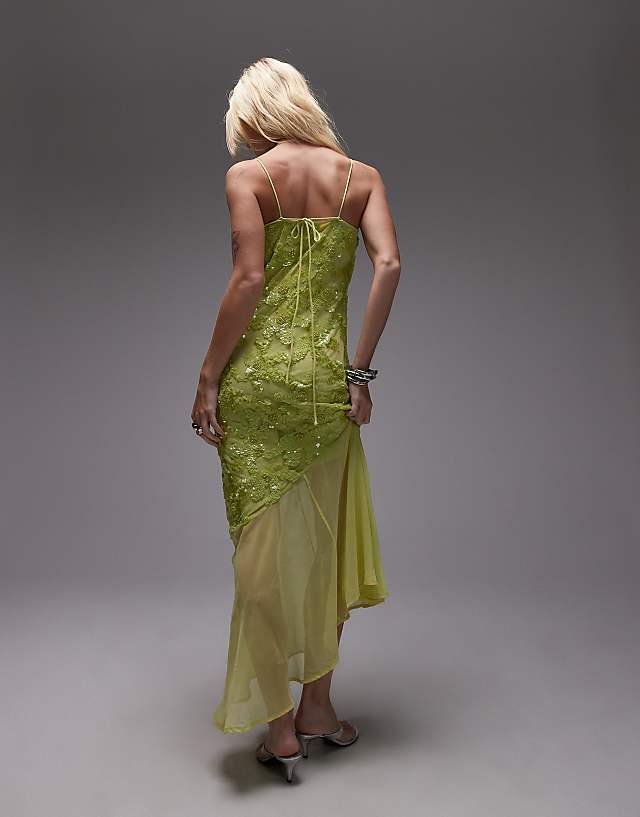 Asos Topshop Embellished Godet Hem Cami Dress In Lime Green