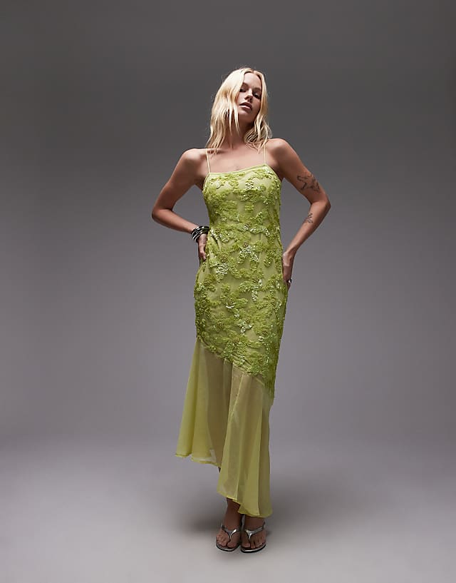 asos Topshop embellished godet hem cami dress in lime green