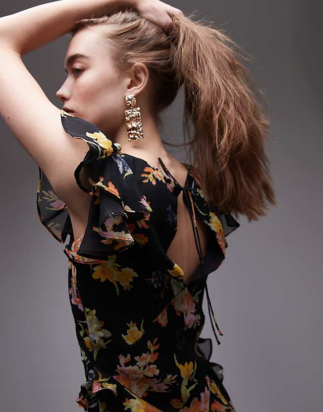 Asos Topshop Flutter Sleeve Ruffle Occasion Midi Dress In Black Base Floral
