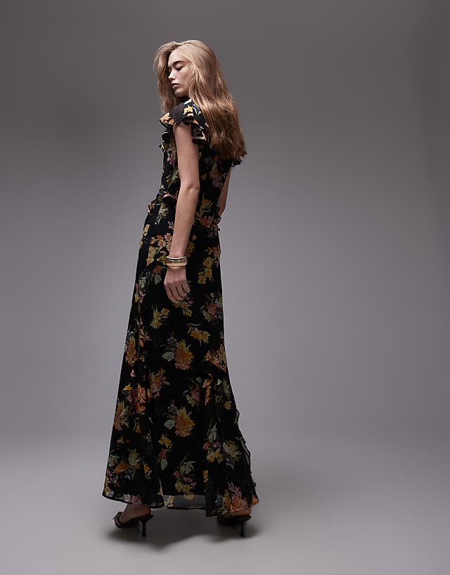 Asos Topshop Flutter Sleeve Ruffle Occasion Midi Dress In Black Base Floral