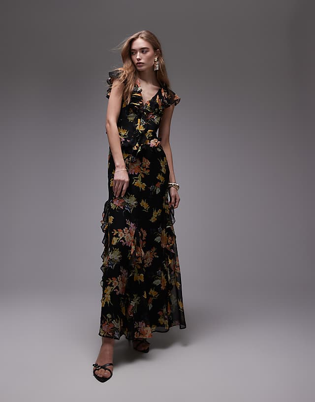 Asos Topshop Flutter Sleeve Ruffle Occasion Midi Dress In Black Base Floral