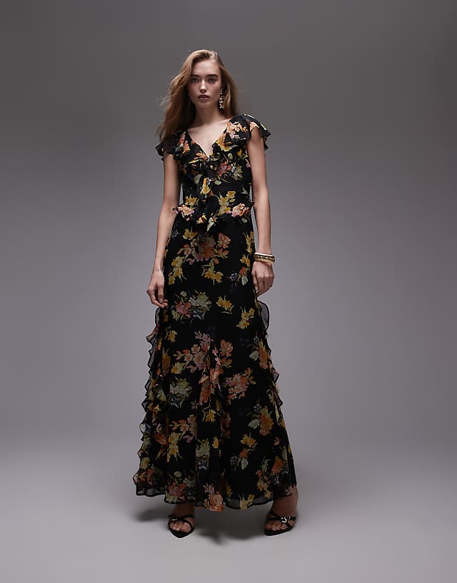 asos Topshop flutter sleeve ruffle occasion midi dress in black base floral