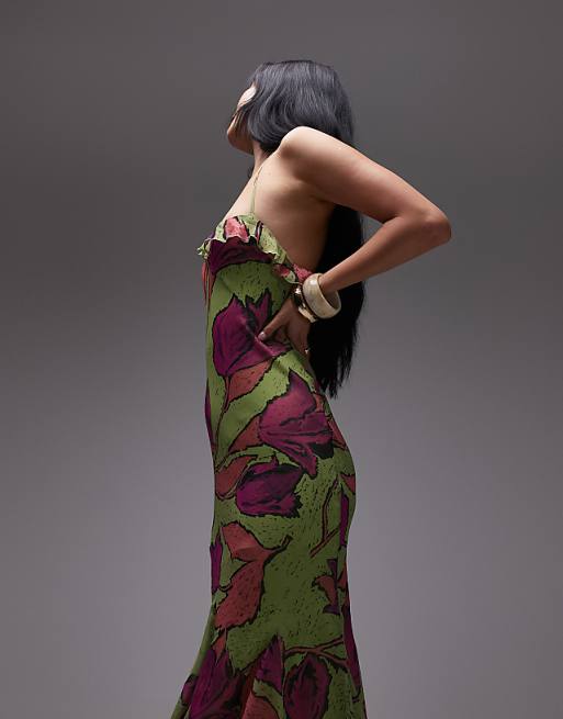 Asos Topshop Godet Hem Occasion Midi Dress In Pink And Green Floral Print