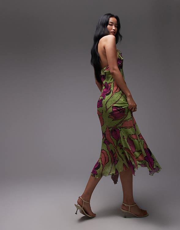 Asos Topshop Godet Hem Occasion Midi Dress In Pink And Green Floral Print