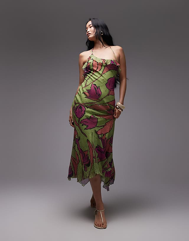 asos Topshop godet hem occasion midi dress in pink and green floral print