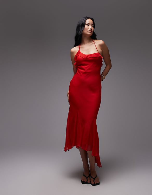 Asos Topshop Godet Hem Occasion Midi Dress In Red Chiffon