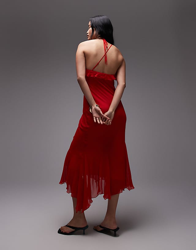 Asos Topshop Godet Hem Occasion Midi Dress In Red Chiffon