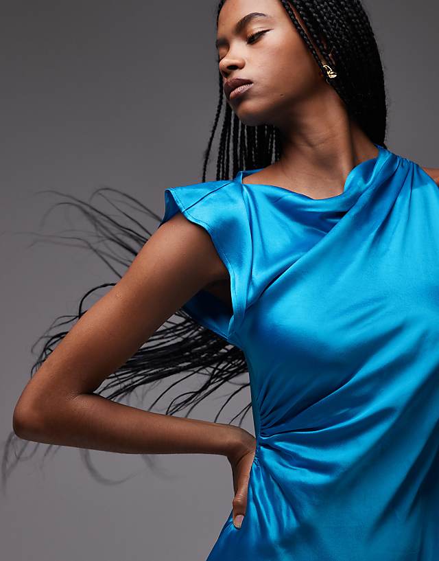 Asos Topshop Grown On Shoulder Ruched Waist Mini Dress In Blue Satin