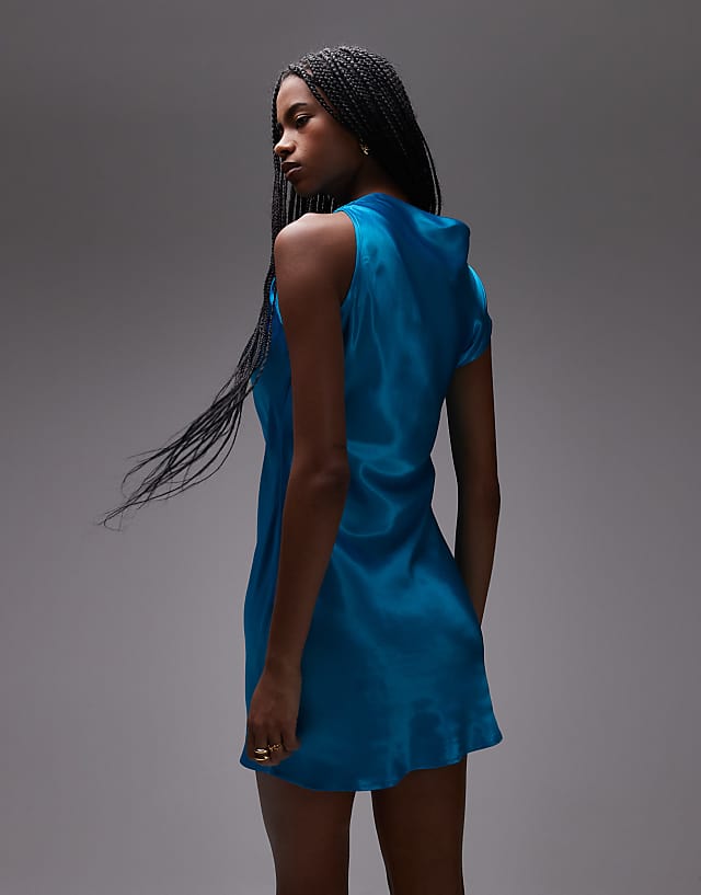 Asos Topshop Grown On Shoulder Ruched Waist Mini Dress In Blue Satin