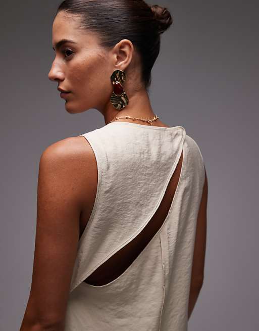 Asos Topshop High Neck Open Back Chuck On Cupro Midi Dress In Buttermilk