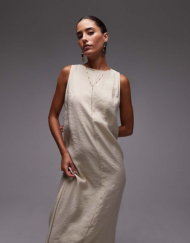 Asos Topshop High Neck Open Back Chuck On Cupro Midi Dress In Buttermilk