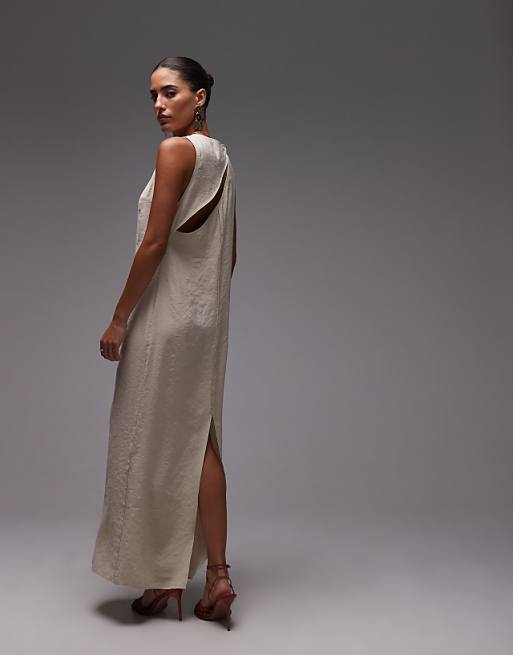 Asos Topshop High Neck Open Back Chuck On Cupro Midi Dress In Buttermilk