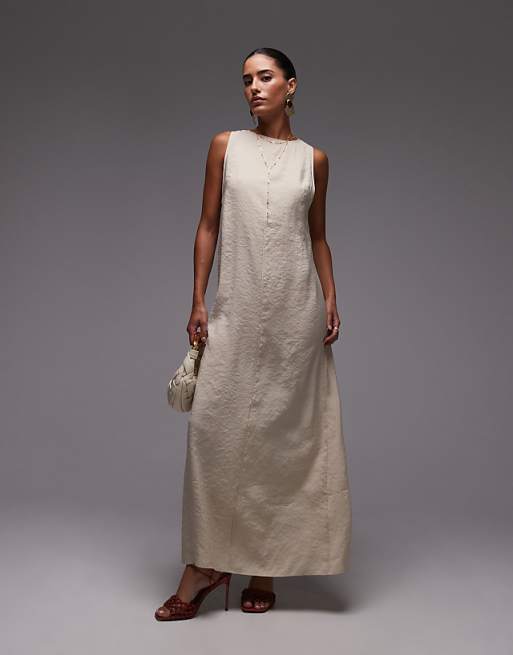 asos Topshop high neck open back chuck on cupro midi dress in buttermilk