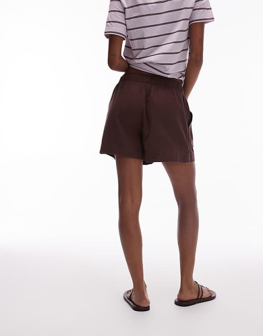 Asos Topshop High Rise Drawcord Linen Shorts In Chocolate