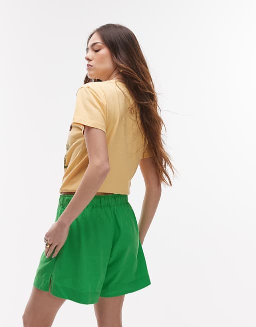 Asos Topshop High Rise Drawcord Linen Shorts In Green