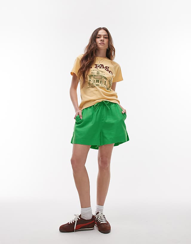 Asos Topshop High Rise Drawcord Linen Shorts In Green