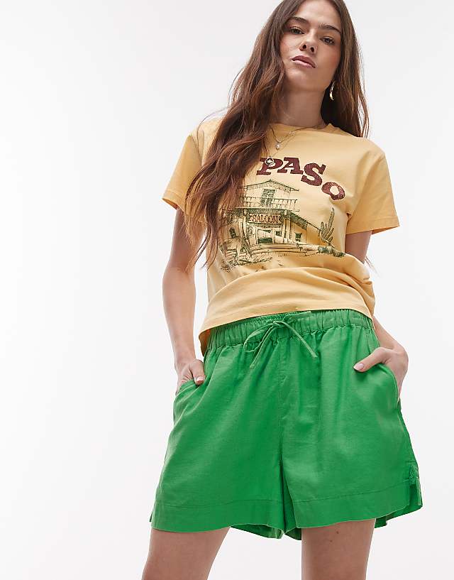 asos Topshop high rise drawcord linen shorts in green
