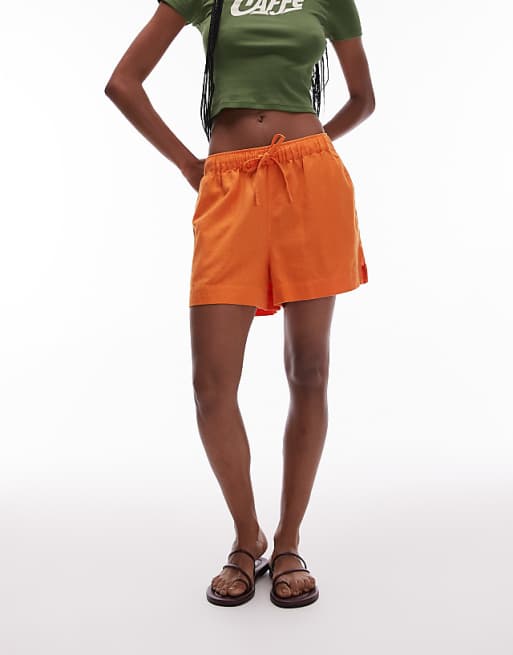 Asos Topshop High Rise Drawcord Linen Shorts In Orange