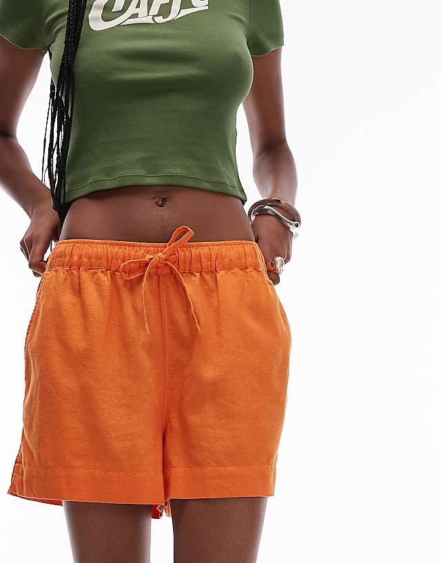 Asos Topshop High Rise Drawcord Linen Shorts In Orange