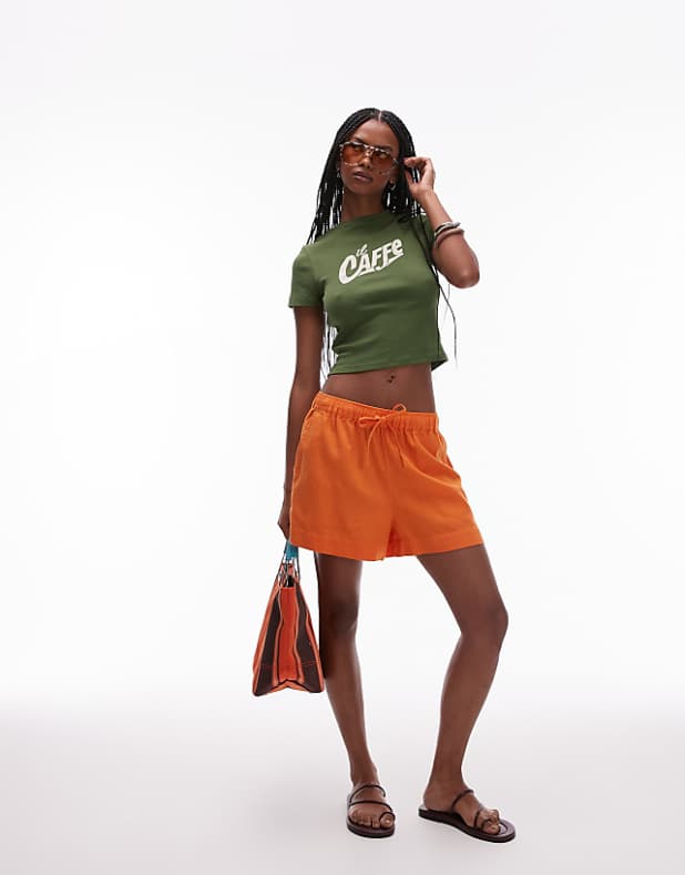 asos Topshop high rise drawcord linen shorts in orange