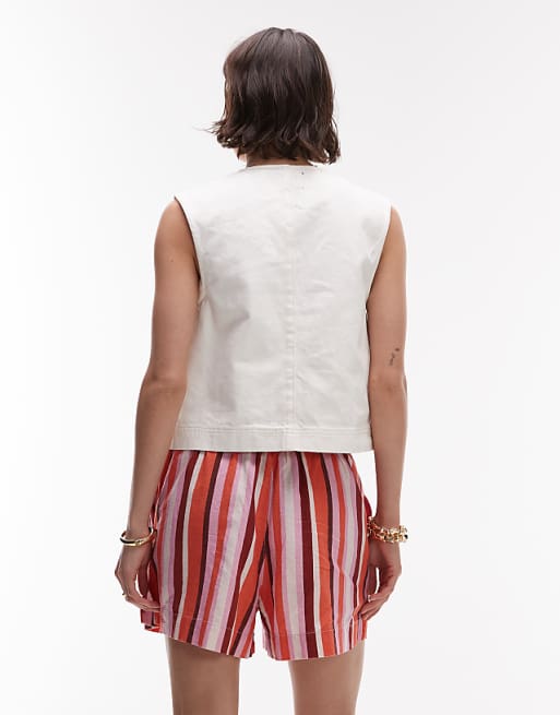 Asos Topshop High Rise Drawcord Linen Shorts In Pink Stripe