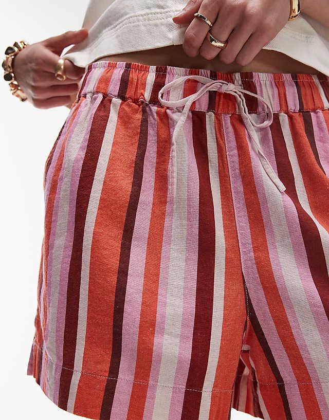Asos Topshop High Rise Drawcord Linen Shorts In Pink Stripe