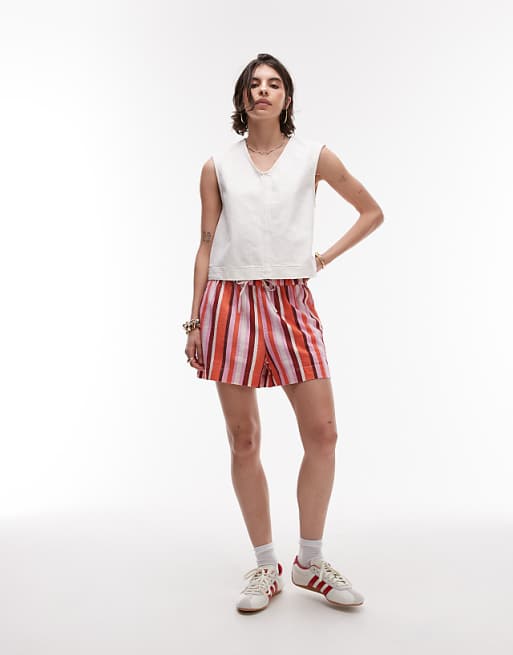Asos Topshop High Rise Drawcord Linen Shorts In Pink Stripe