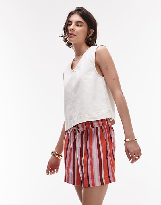 asos Topshop high rise drawcord linen shorts in pink stripe