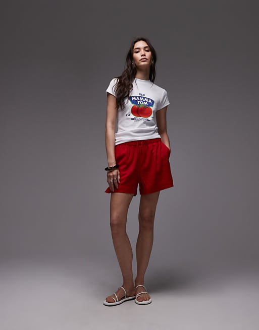 Asos Topshop High Rise Drawcord Linen Shorts In Red
