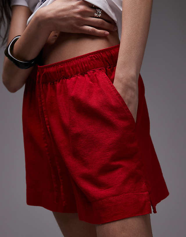 Asos Topshop High Rise Drawcord Linen Shorts In Red