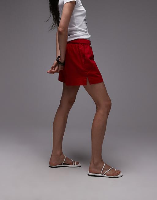 Asos Topshop High Rise Drawcord Linen Shorts In Red
