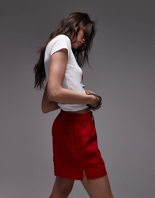 asos Topshop high rise drawcord linen shorts in red