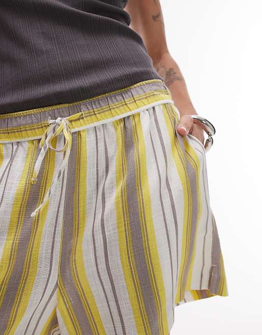 Asos Topshop High Rise Linen Beach Shorts In Yellow Stripe