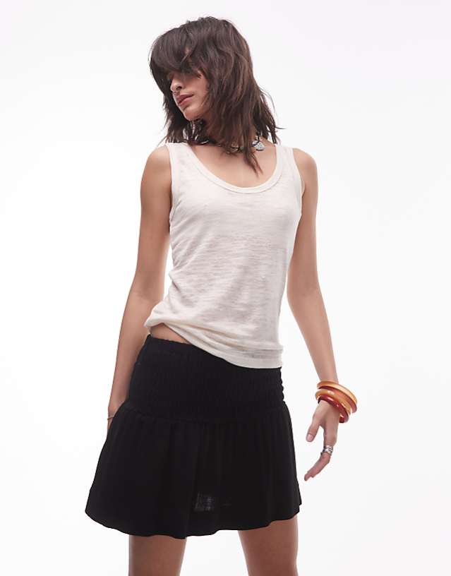 asos Topshop high rise linen mini skirt with ruched sides in black